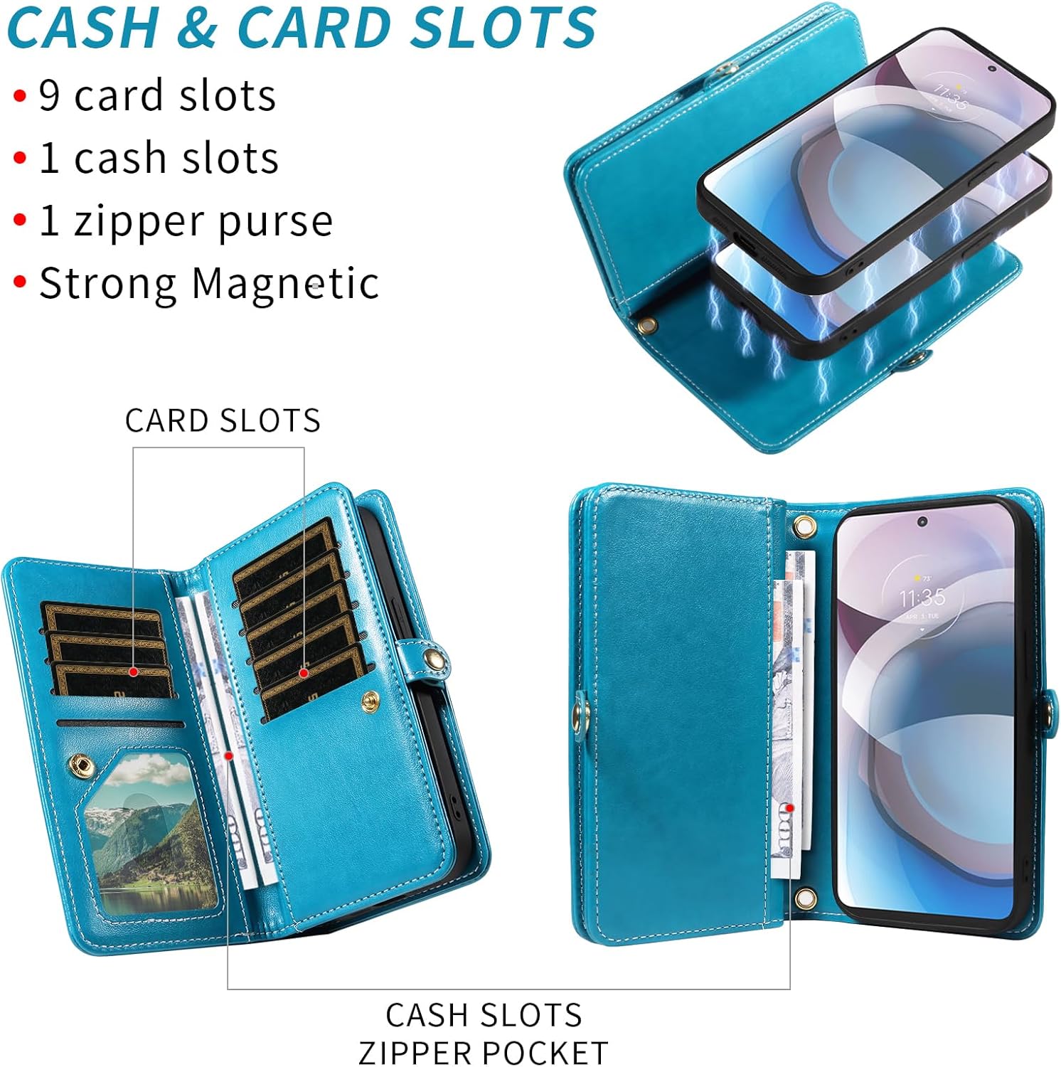 Asuwish Phone Case for Moto One 5G Ace/Motorola G G5 2021 Zipper Wallet Cell Cover with Tempered Glass Screen Protector Strap Flower Card Holder MotoOne 1 One5G UW Ace 6.7 XT2113-3 XT2113-5 Women Blue
