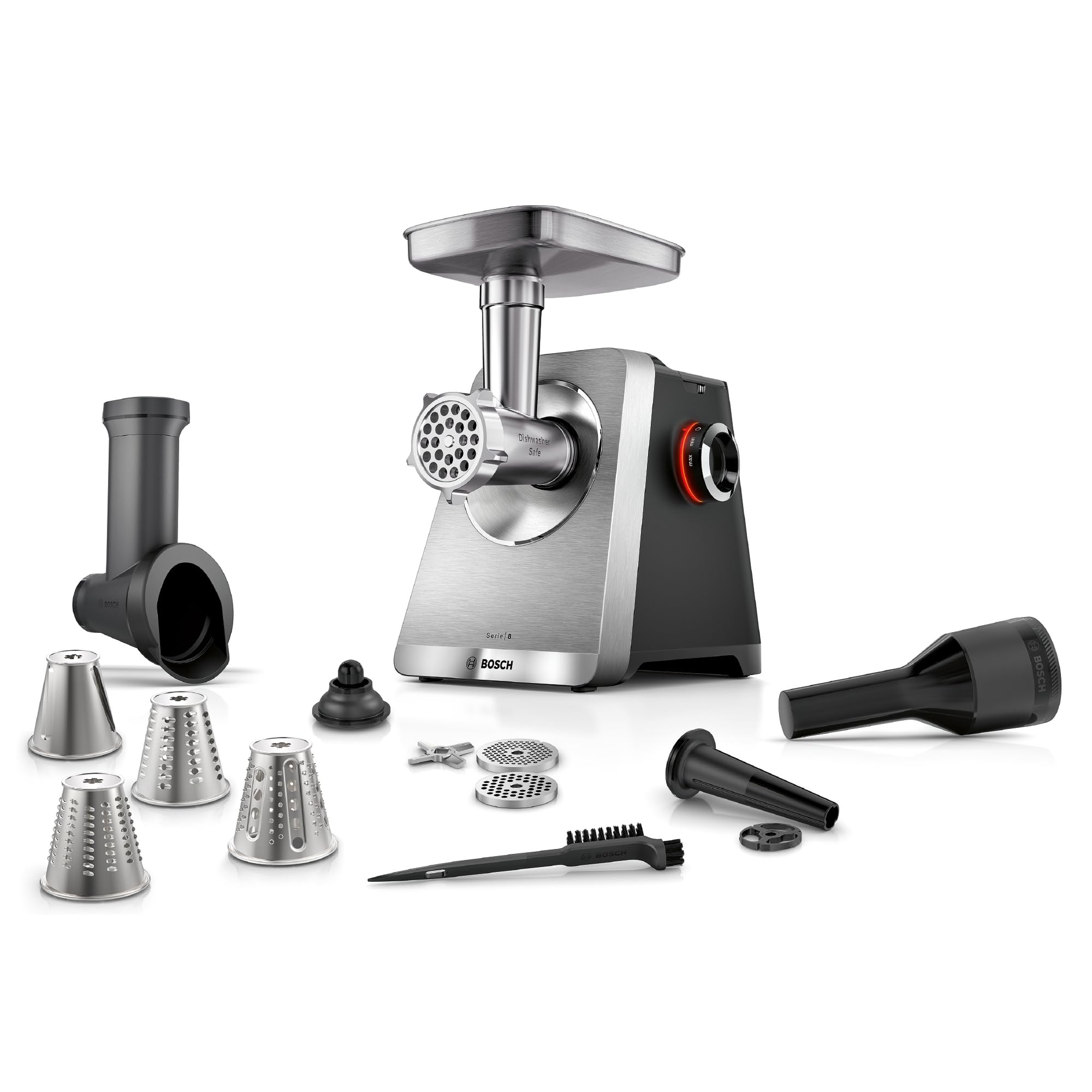 Bosch Fleischwolf Serie 8, 3 Lochscheiben (3/4,5 / 8mm), Edelstahl, spülmaschinenfest, Kebbe- & Wurst-Aufsatz, Durchlaufschnitzler, Motorblockleistung 2.500 W, elektrisch, MultiPower MFWS840M