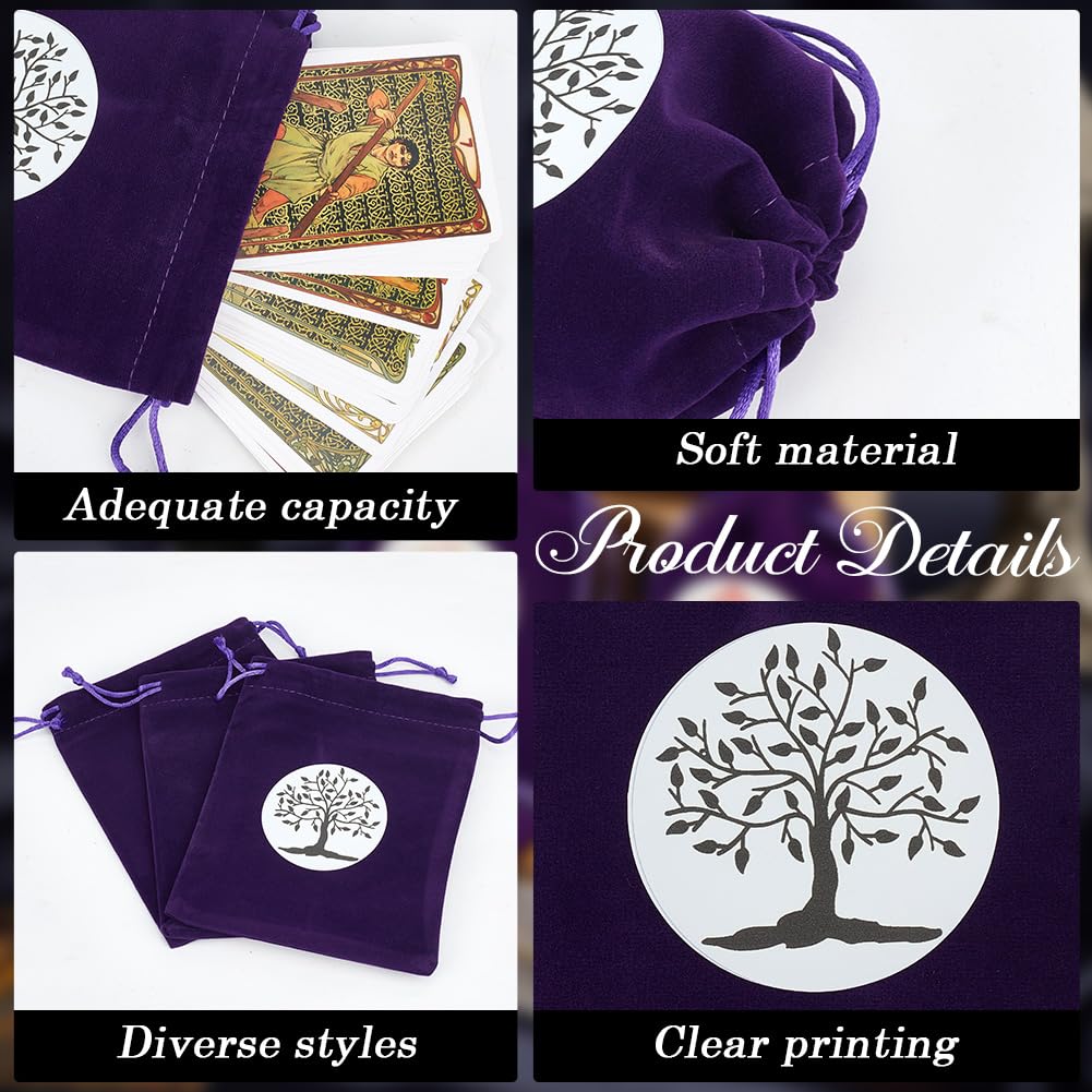 CREATCABIN 4 Pièces Ensemble Sacs Cartes Tarot Velours,Support Rangement pour Tarot,Pochettes Tissu pour Tarot,Porte-Cartes Pendentifs Arbre de Vie pour Cartes Tarot,Cartes Jouer Oracle Deck,Noir Bleu