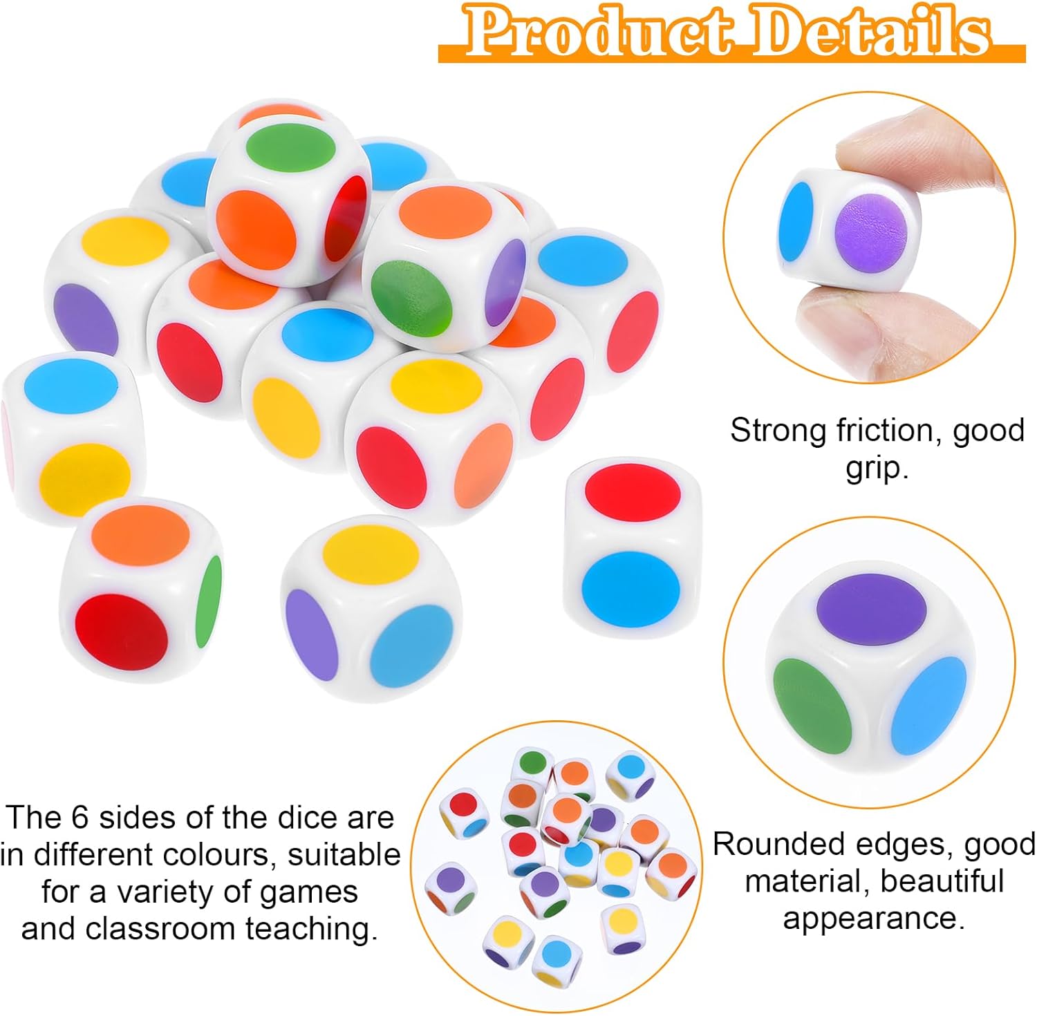 18 Pcs Colored Dice Set, 16 mm Blank on Each Face D6 Six Sided Teaching Plastic Cubes for Classroom, Board Game Playing, Rolling - Round Corner, Small