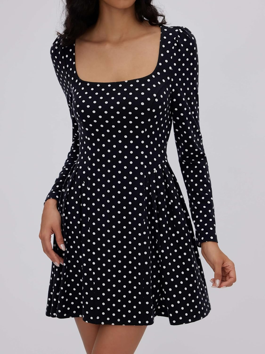 CIDER Womens Polka Dot Dress Long Sleeve Square Neck Drop Waist A Line Casual Party Club Mini Dress - Image 4