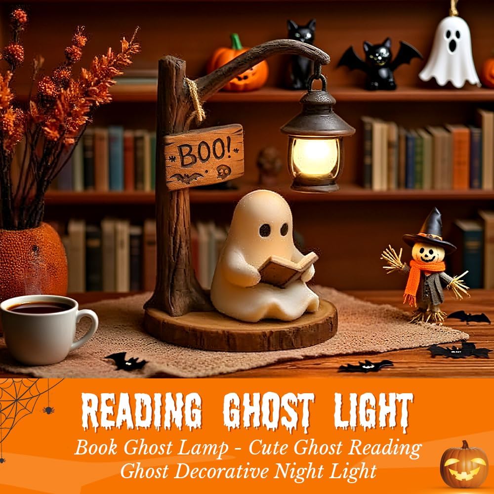 Cute Ghost Reading Lantern - Boo, 2025 New 3D Resin Halloween Ghost Night Light, Ghosts Warm Light Indoor Reading Lamp Glowing Halloween Ghosts Decorations for Bedroom (7.9in, 1pcs)