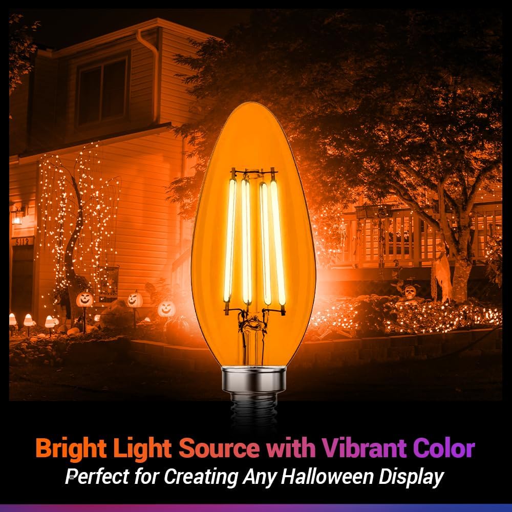 2 Pack E12 Filament LED Orange Light Bulbs – E12 Candelabra Bulb 4W 40-Watt Equivalent - Vintage Decorative Lighting Orange LED Bulb Party Decoration, Porch, Halloween Light Bulbs