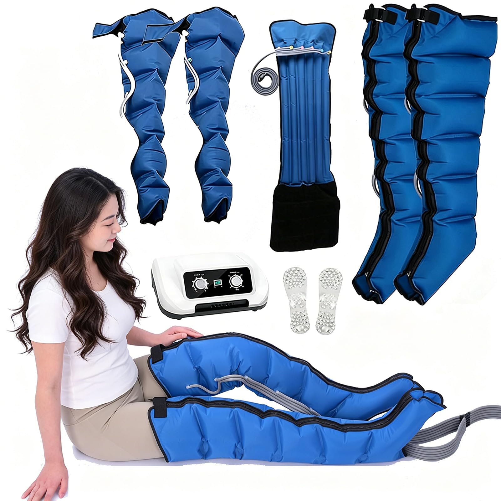 Botas Presoterapia para Casa, Máquina Presoterapia Piernas con 6 Cámaras, Ajuste 0-30 Min y Presión 0-240mmHg, Reduce Hinchazón y Fatiga, Uso Familiar y Relajación