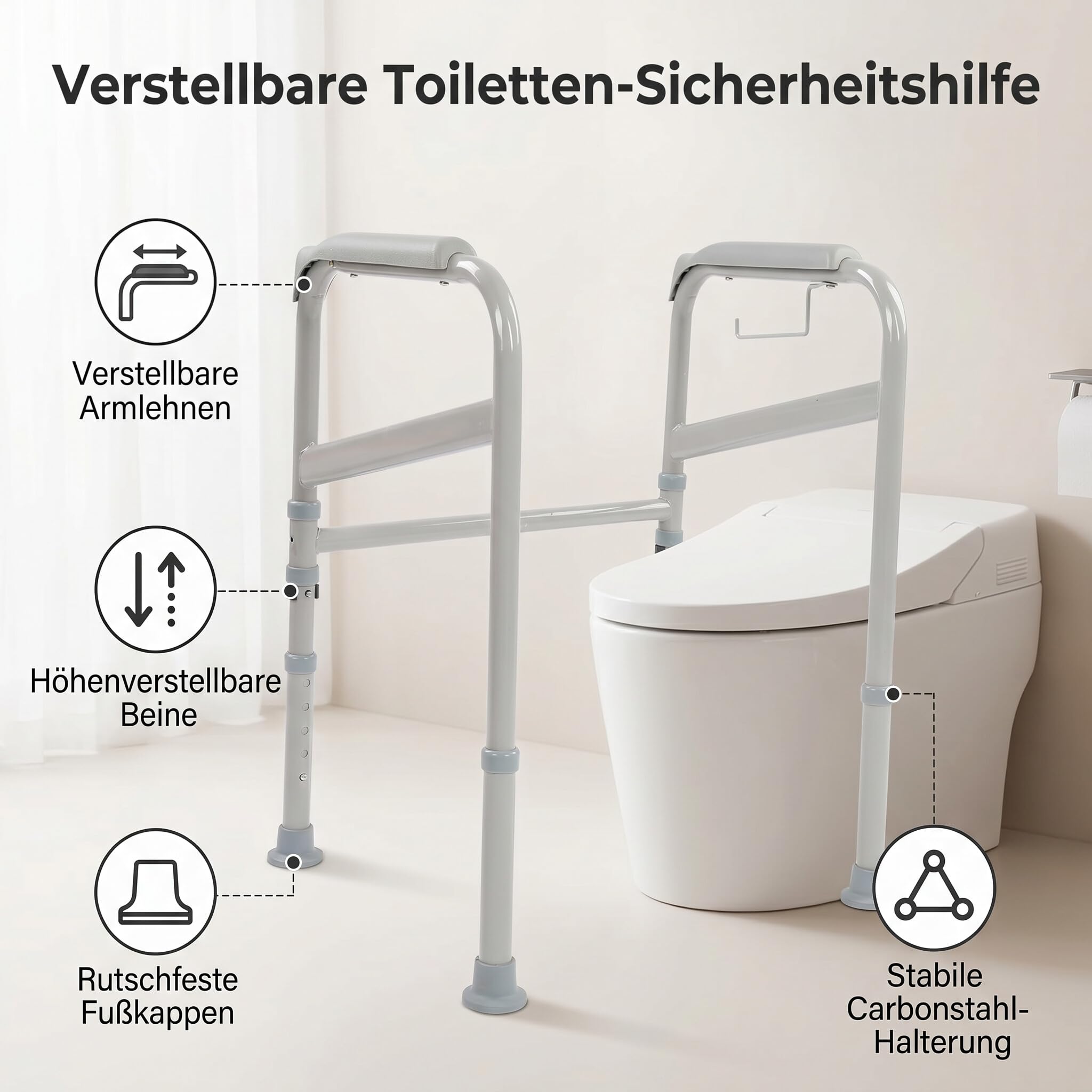 Supporti di Sicurezza Regolabili per WC, braccioli con Telaio autonomo per Anziani, disabili e Donne in Gravidanza