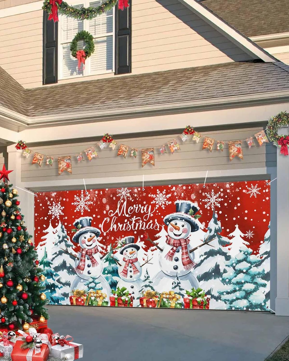 Christmas Garage Door Banner Cover 7 x 8 ft, Merry Christmas Xmas Tree Snowman Winter Snow Blue Christmas Garage Door Decorations Holiday Christmas Backdrop Decor for Winter New Year Xmas Party