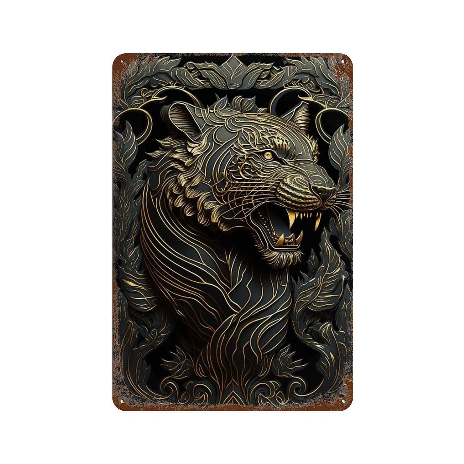 Aged Metal Wall Plaque with Lord Golden Jungle Tiger Design 11.8"x7.9", for Cafe, Home Bar And Lounge Decor, Novelty Wall Decor