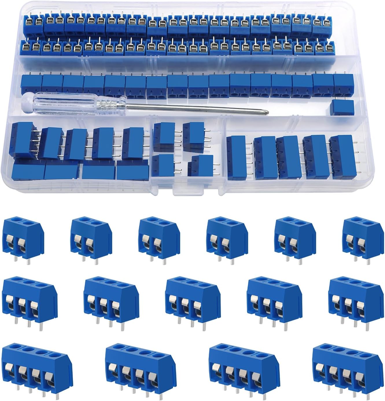 YIXISI 100 PCS PCB Mount Screw Terminal Block Kit, 5mm Pitch 2/3/4 Pin Screw Terminal Block Connector, Blue