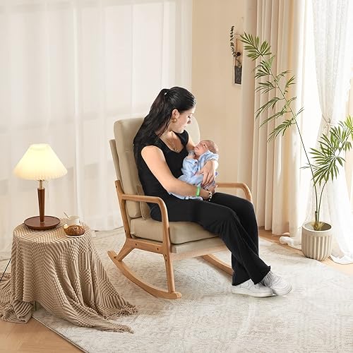 Miniatura 9 de Moderna mecedora deslizante, silla decorativa tapizada, mecedora para guardería y silla de lectura, silla mecedora con marco y patas de madera