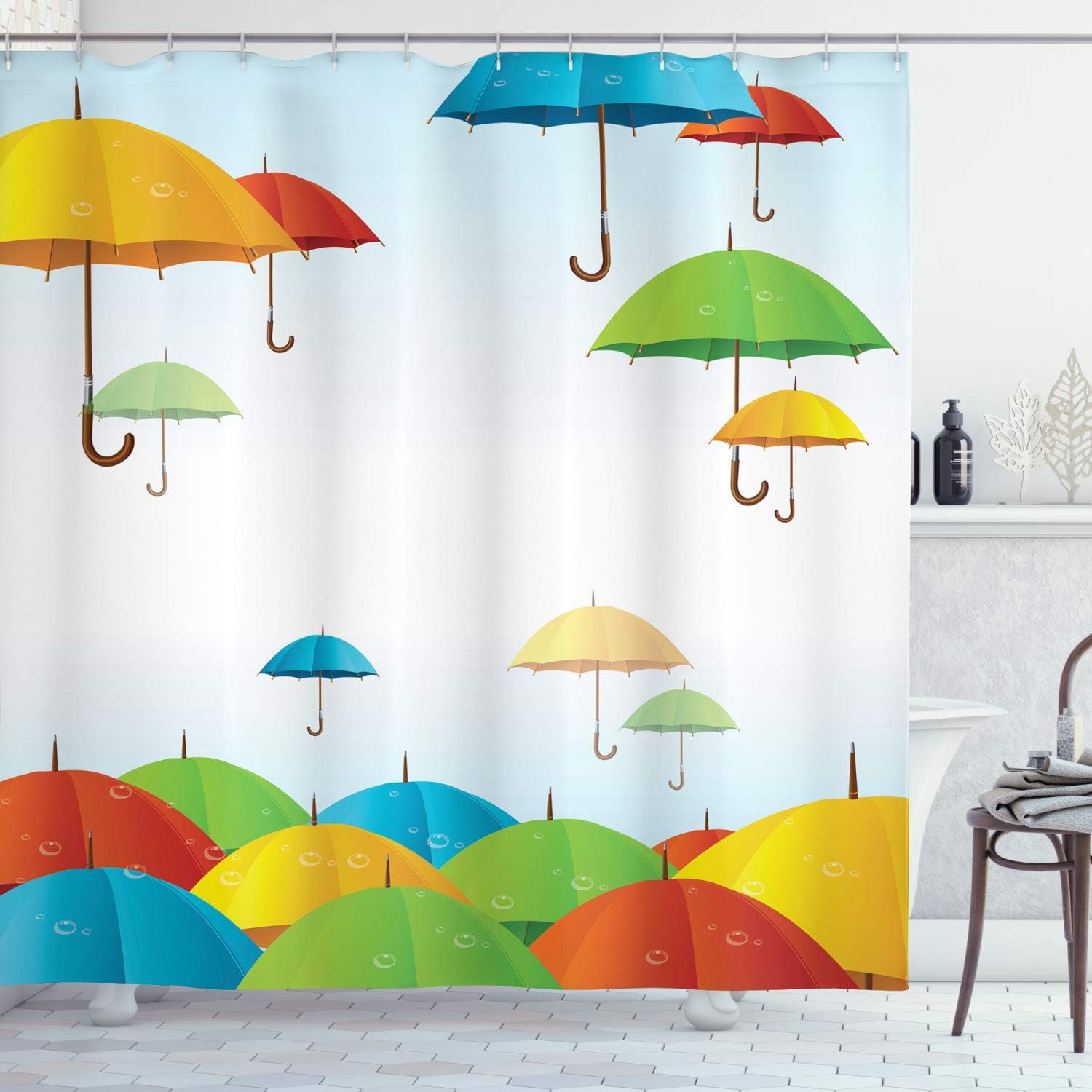 Ambesonne Colorful Shower Curtain, Umbrellas in Sky Climate Meteorology Storm Pouring Fall Rain Freedom Weather Theme, Cloth Fabric Bathroom Decor Set with Hooks, 69" W x 70" L, Green Yellow