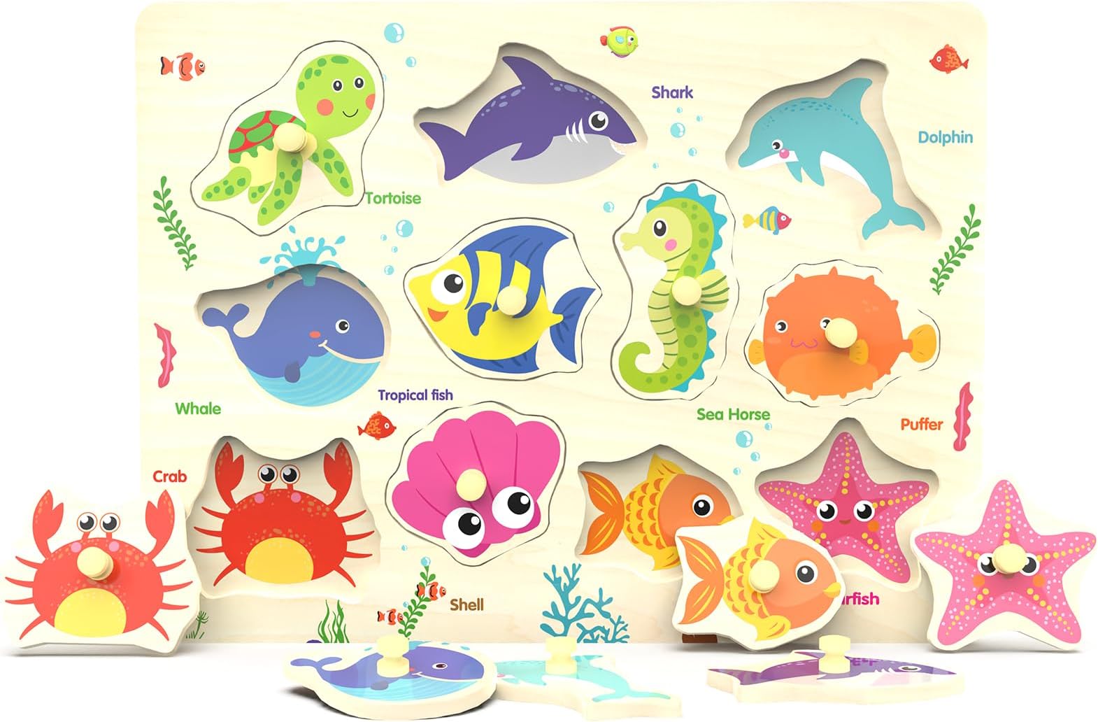 Wooden Peg Puzzle, Sea Creature Chunky Baby Puzzles, Colorful Wood Shape Puzzle Peg Board, Animal Knob Puzzles for Educational Toddlers 18 Months and Up, 11 Pieces