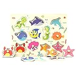 Wooden Peg Puzzle, Sea Creature Chunky Baby Puzzles, Colorful Wood Shape Puzzle Peg Board, Animal Knob Puzzles for Educational Toddlers 18 Months and Up, 11 Pieces