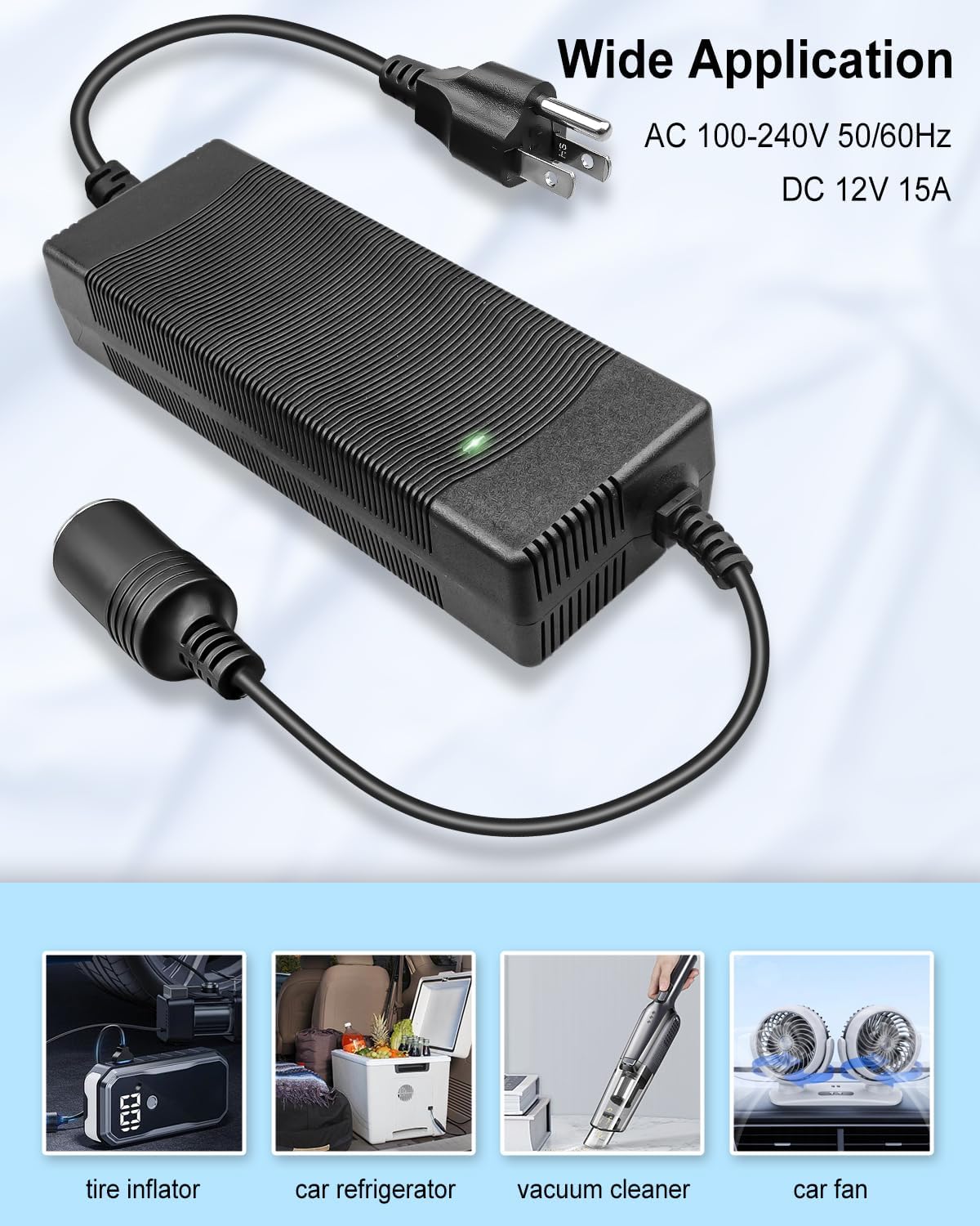 12V 120W AC/DC Power Adapter, AC 100V-240V to DC 12V Converter, 15A 12 Volt Cigarette Lighter Transformer for Car Refrigerator Tire Inflator Paddle Board Pump