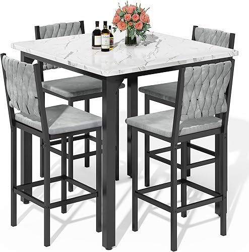 Miniatura 9 de AWQM Juego de mesa de comedor de 5 piezas, juego de mesa de comedor para 4, mesa de altura de mostrador y 4 taburetes de bar, juego de comedor de