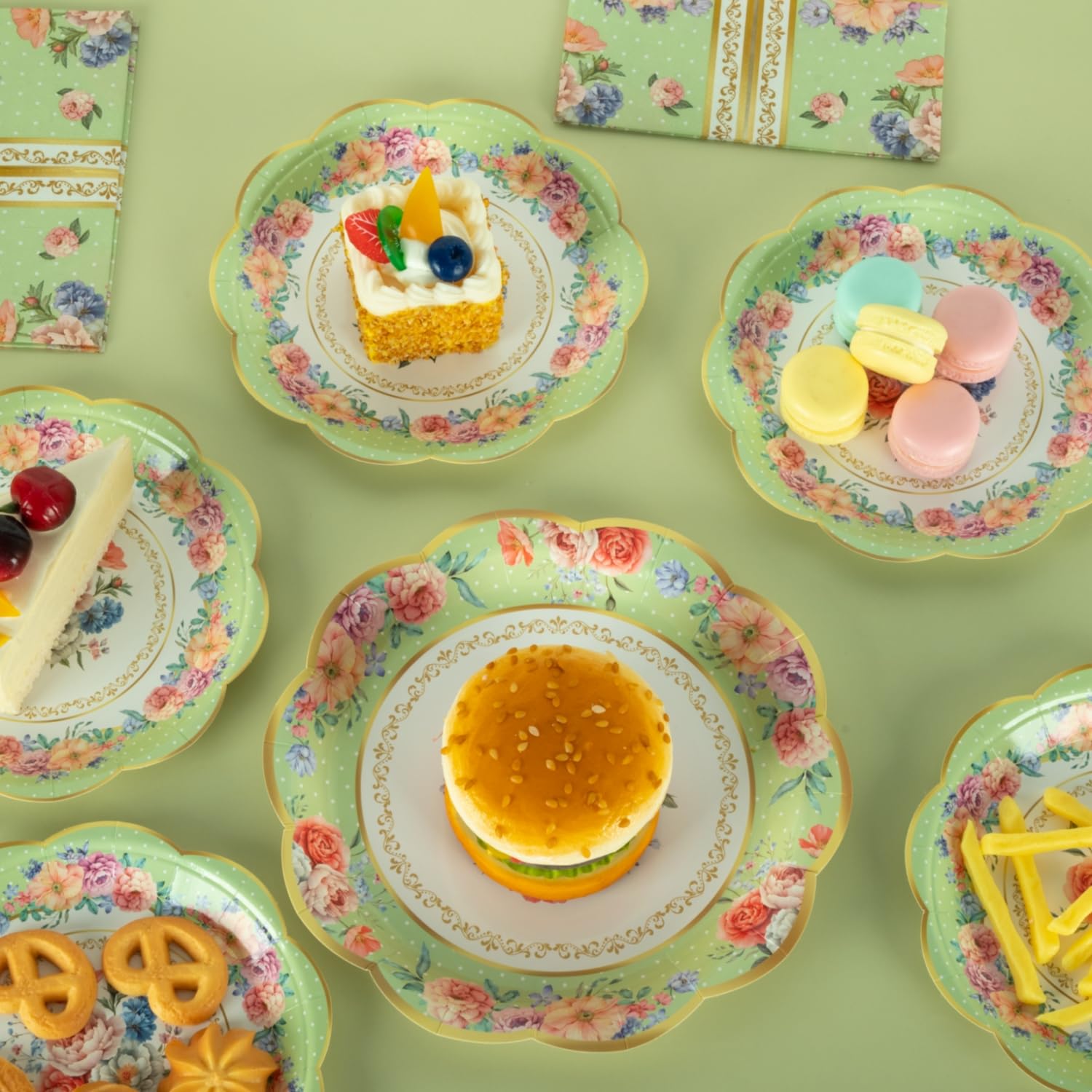 Set da tavola vintage per 30 ospiti, piatti di carta, tovaglioli e tazze da tè, motivo floreale verde, stoviglie di carta in stile britannico classico per giardino, tè pomeridiano, baby shower
