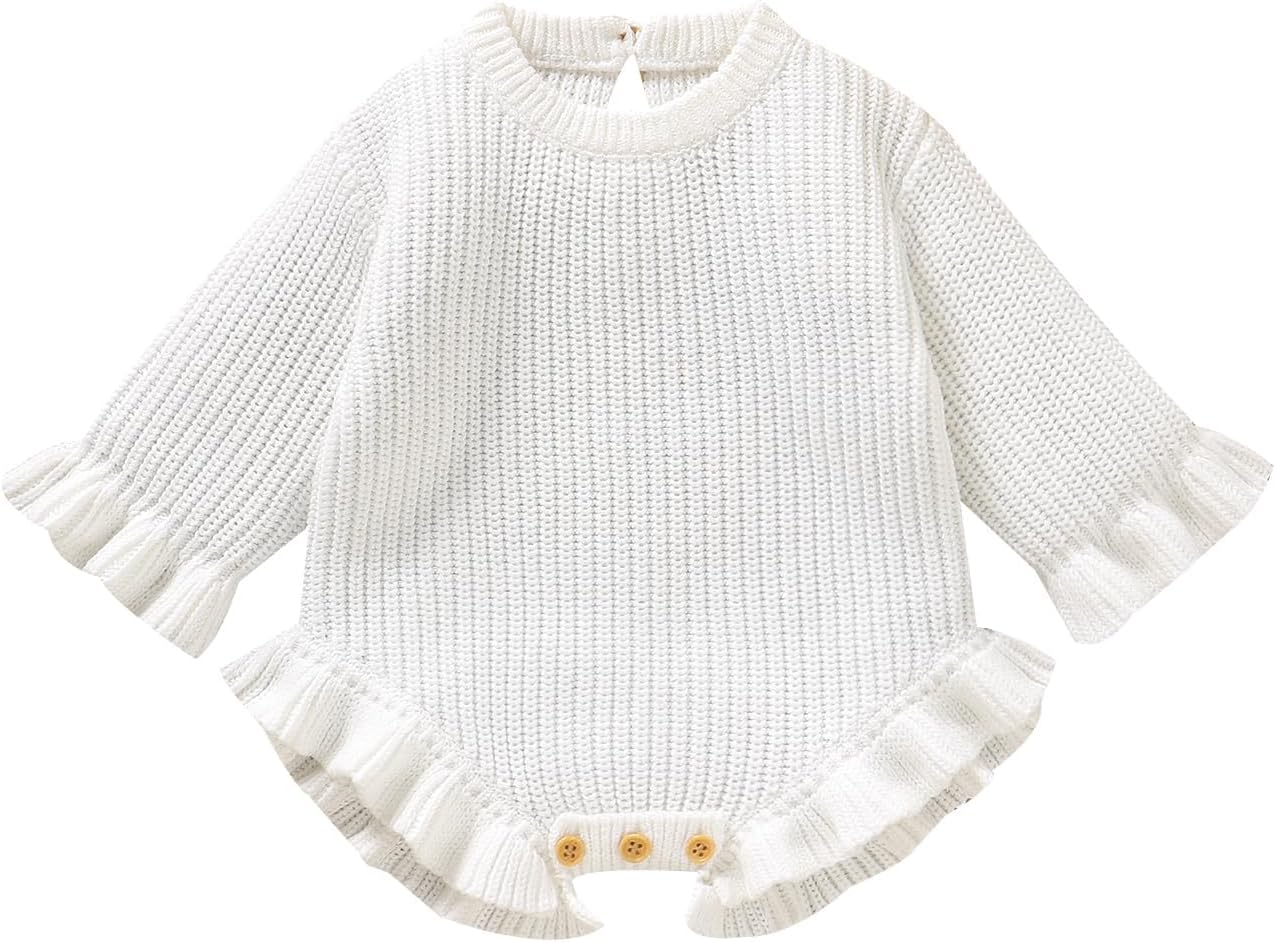 Baby Girl Knit Sweater Romper Newborn Ruffle Long Sleeve Sweater Crew Neck Pullove Warm Fall Winter Clothes Outfit