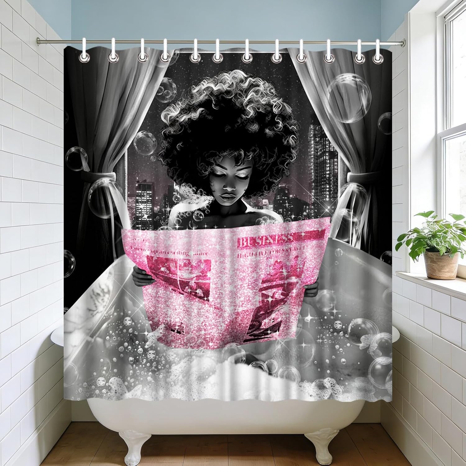 Black Girl Shower Curtain 72x72inch Pink and Black Shower Curtain African American Shower Curtains with Hooks for Bathroom Decor Polyester Fabric