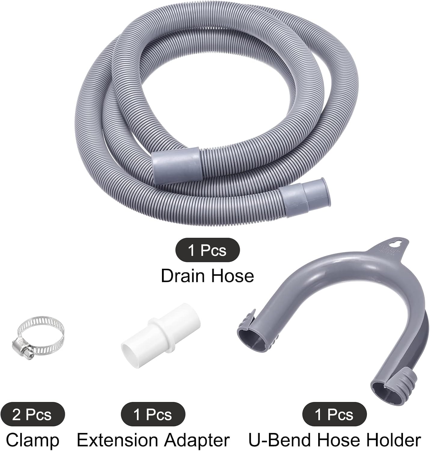 MECCANIXITY Washing Machine Drain Hose Extension Kits 6.56ft Gray for Washing Machine with Extension Adapter, U-Bend Hose Holder, 2 Clamps