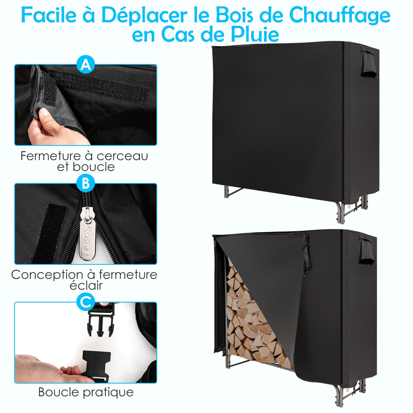 COSTWAY Range Bûche Extérieur avec Housse PVC Imperméable, Abri Bûche Rangement Bois 36-61cm de Long, Porte-bûches Abris Bois pour Cheminée, Poêle, Brasero, Noir (122,5 cm)