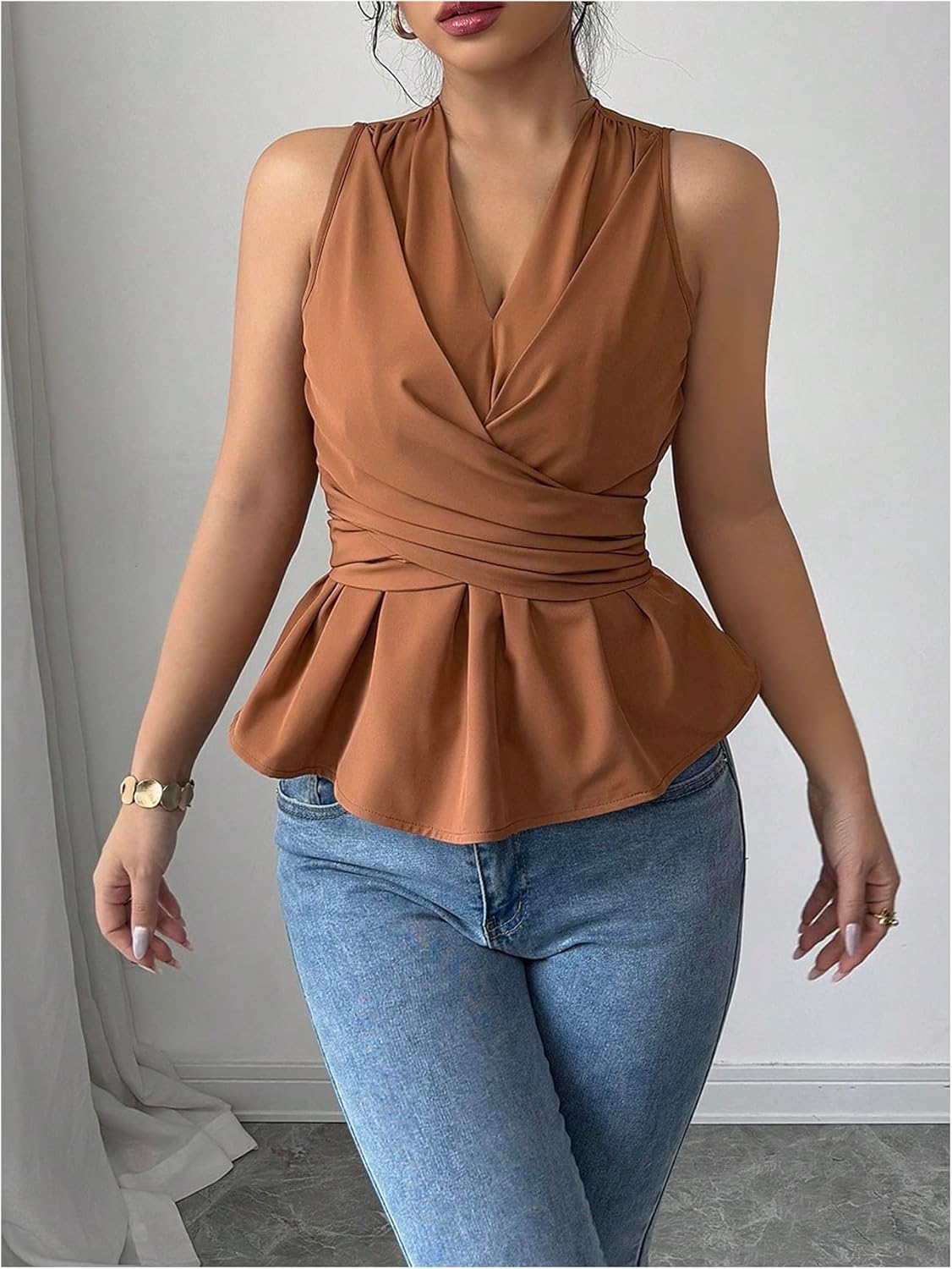 Milumia Women’s Sleeveless Sexy V Neck Ruffle Tops Tie Waist Bow Back Shirt Slim Fit Blouse - Image 4