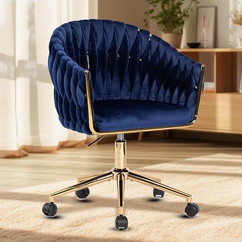 Miniatura 10 de Sillas de escritorio de oficina de terciopelo con base dorada, altura ajustable, respaldo medio, sillas de maquillaje con ruedas para mujer, sillas