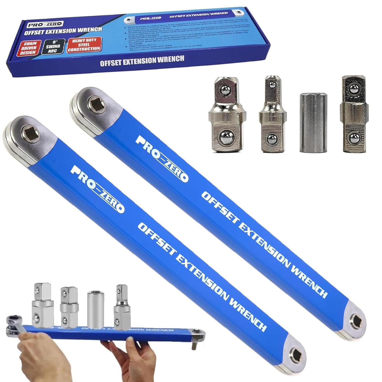 Pro Zero Offset Extension Wrench - Multifunctional Tight Reach Wrench Set with 1/2", 1/4" and 3/8" Square Drive Adapters (2pcs)