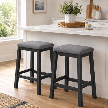 HLR Bar Stools Set of 2, Counter Height Barstools for Kitchen Counter, 25.6 Inch Kitchen Stools with Solid Wood Legs, Farmhouse Backless Bar Stools for Kitchen Island, Home Bar, Dining Room, Black