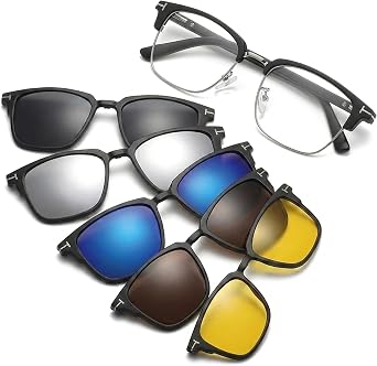 Magnetic 5Pcs Clip-On Sunglasses,Polarized UV Protection Eyewear | Magnetic Clip Eyeglasses Frames for Night Driving & Fishing,fits included frames only,Interchangeable Lens,Men Women