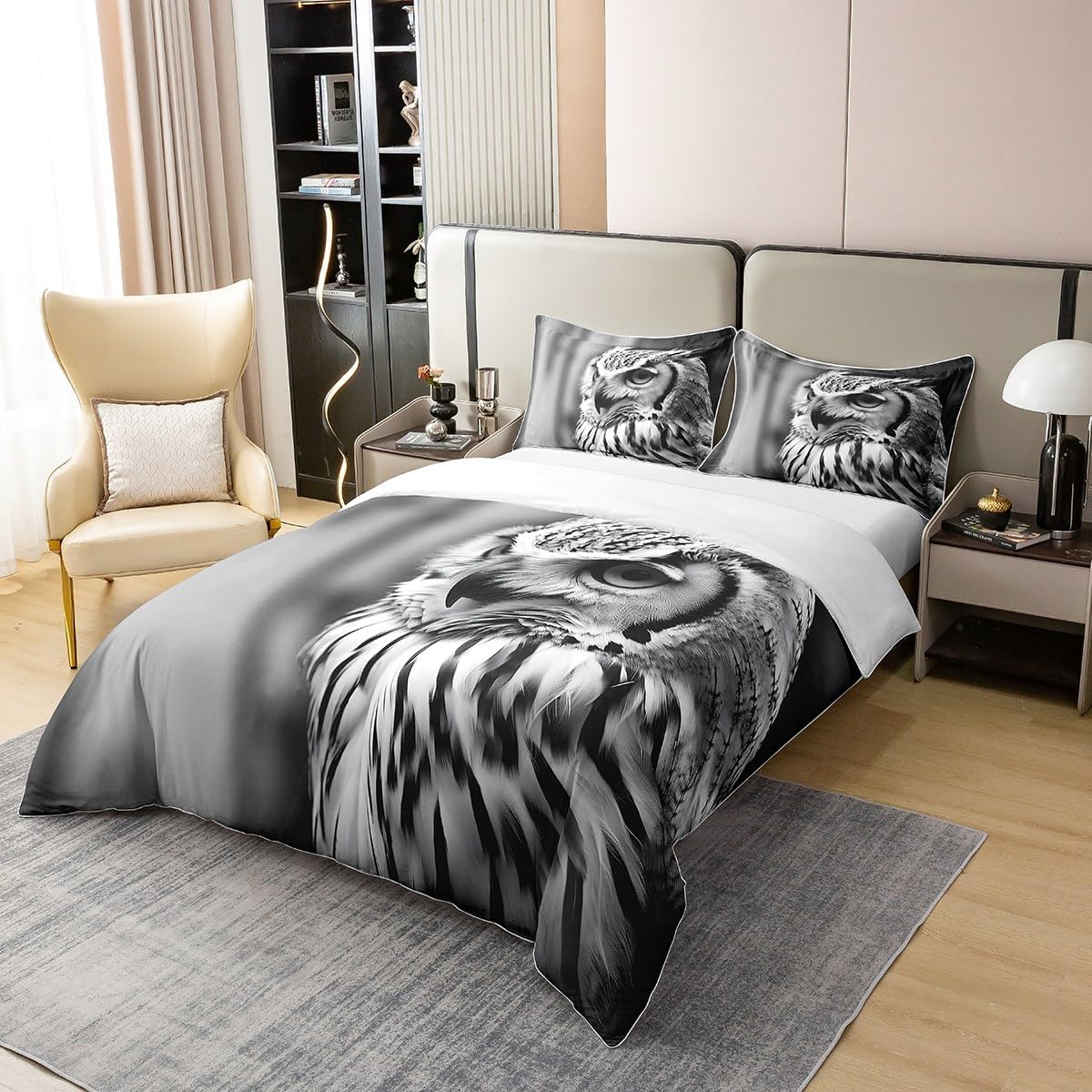 Erosebridal 3D Owl 100% Natural Cotton Comforter Cover Twin Size,Grey Owl Bedding Set,Bird Duvet Cover for Adults Men Women,Wild Animal Bedspread Cover with Zipper Closure,2Pcs Bedroom Decor