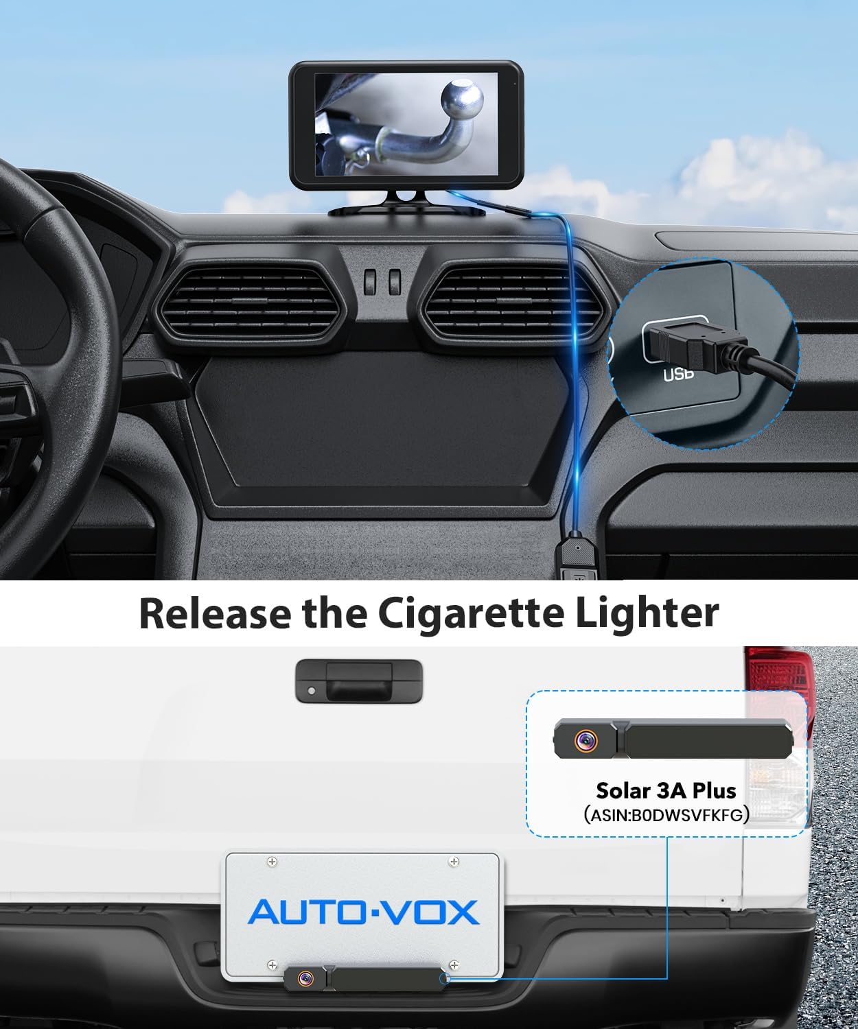USB 5V to 12V cable connected to a vehicle's USB port, powering the monitor and camera.