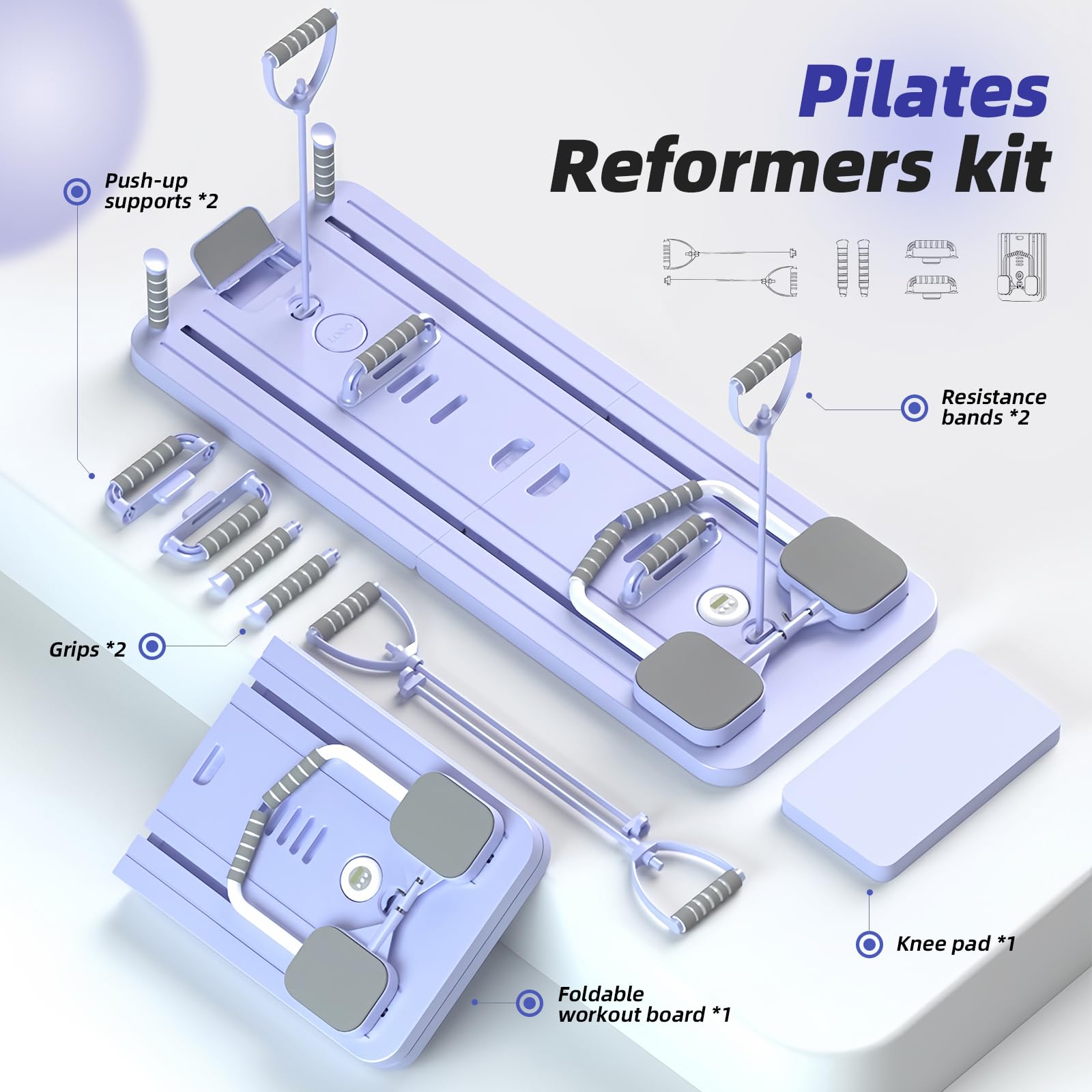 Pilates Reformer, Pilates Board Pieghevole, Tavola da Pilates Multifunzione per Casa con Macchina per Esercizi Addominali Rimbalzo Automatico, Supporto per Pompes e Corda Elastica