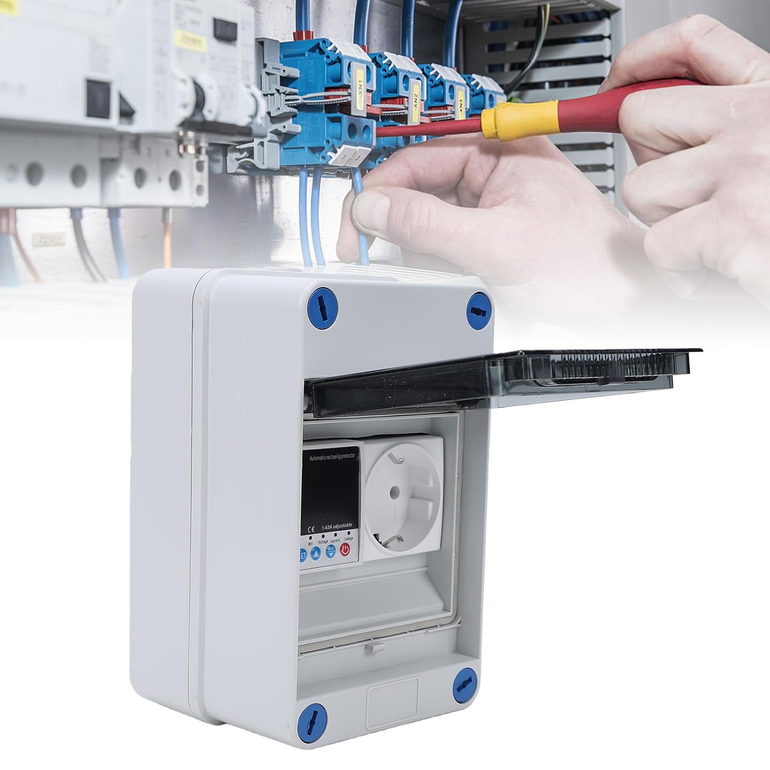 Diydeg Circuit Breaker Box, Mobile APP Remote Control Surface Mounted Distribution Box with Outlet Power, Electric Leakage Protector Circuit Breaker for Damp Basement, Workshop