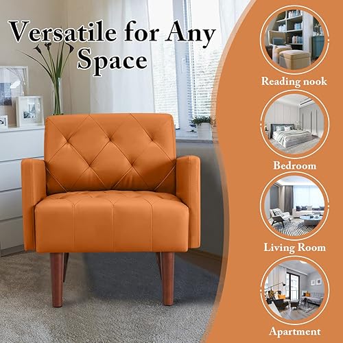 Miniatura 34 de Silla decorativa de piel sintética, sillón moderno de mediados de siglo para sala de estar, silla de lectura, sofá individual, cojín de espuma de