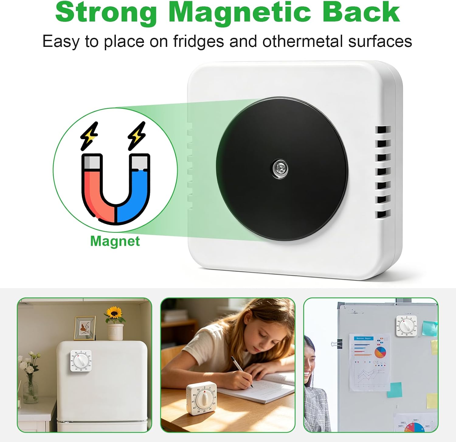 60 Minute Mechanical Kitchen Timer - Visual Wind Up Timer Clock with Loud Alarm - No Batteries Required-Magnetic Backing, Timer for Classroom, Home, Study and Cooking (White)