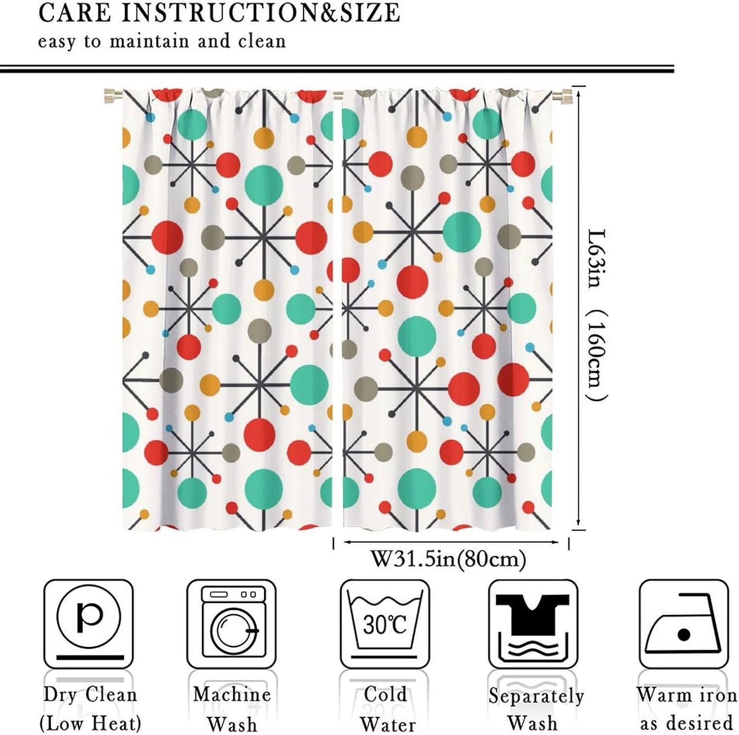 Mid Century Curtains, Modern Atomic Starburst Abstract Geometric Pattern Window Treatments for Bedroom Living Room,1950s 1960s Vintage Blackout Drapes 2 Panel Sets,63x63 Inch