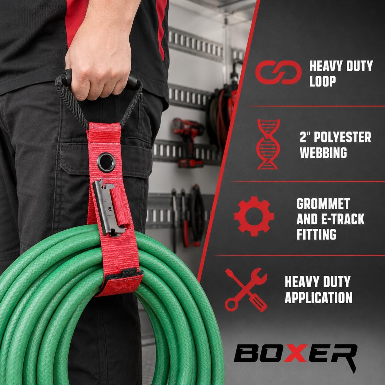 BoxerTool Extension Cord Organizer E-Track Accessories (4 Pack) – Organize Cords, Cables, Hoses, Etrack Accessories Organized On E-Track - Heavy Duty Hook & Loop