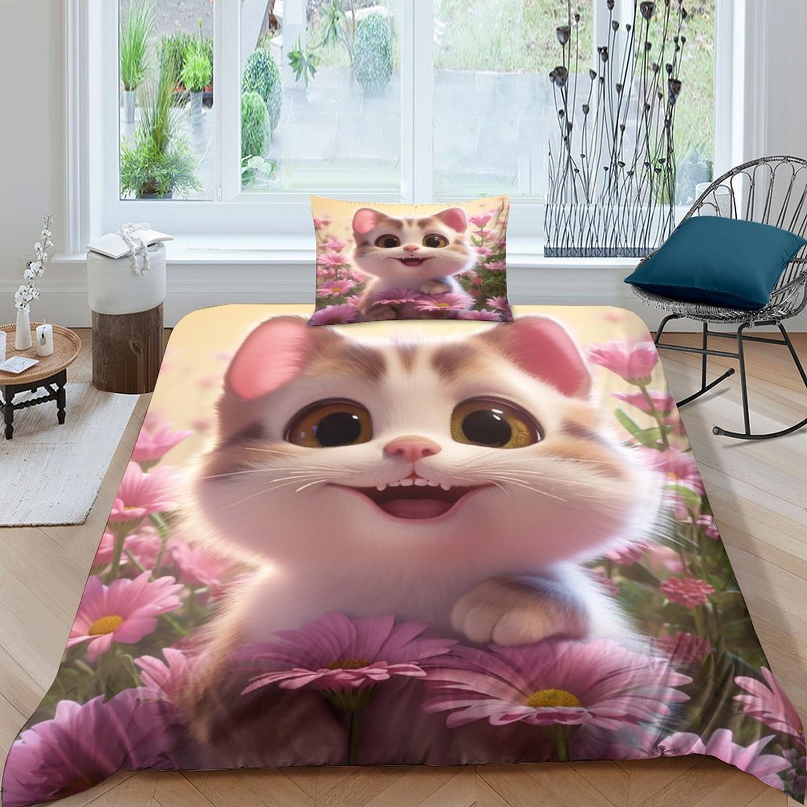 Parure de lit chaton 3D housse de couette microfibre 135x200cm pour enfant avec taie