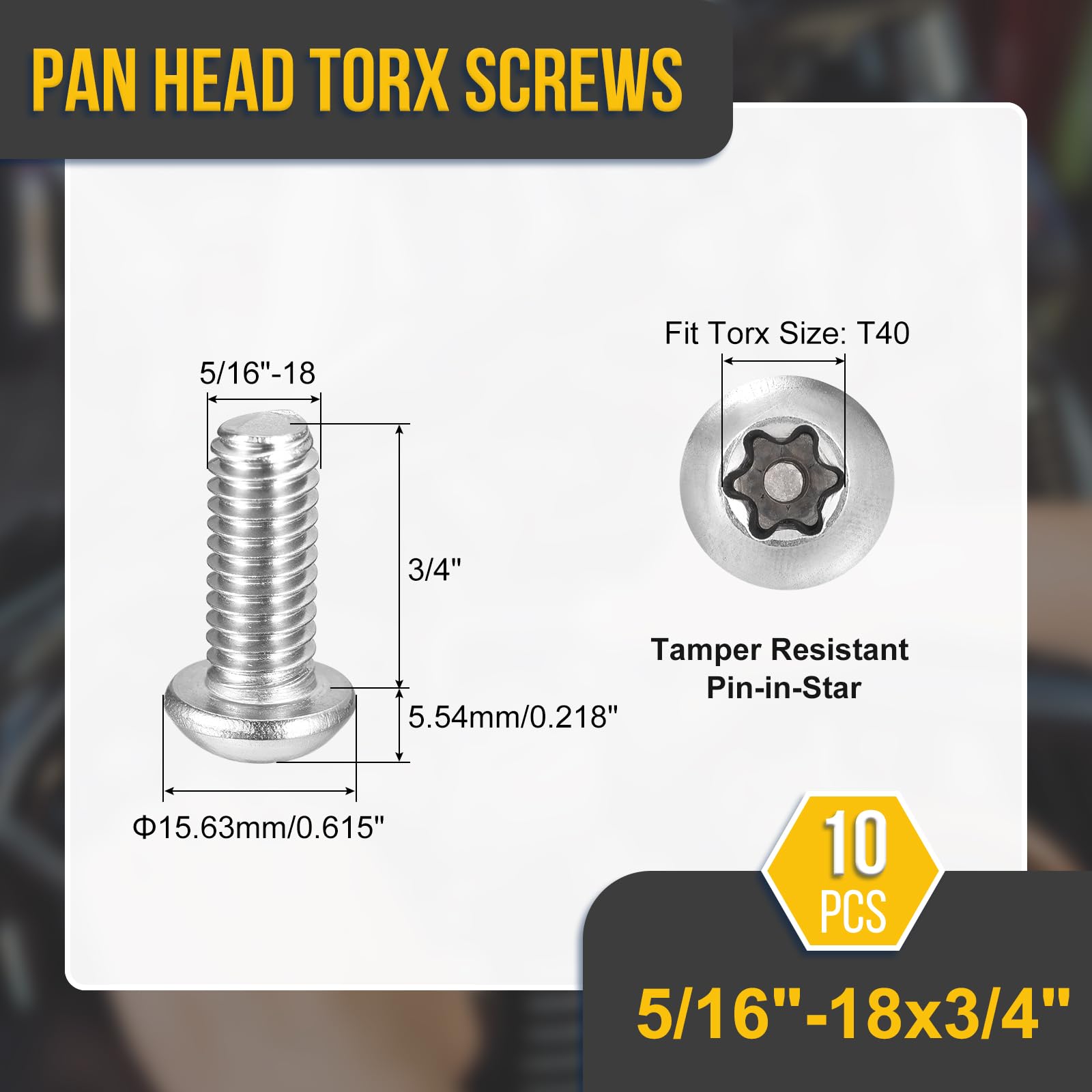 DTGN 5/16"x3/4" Pan Head Torx Security Screw, 10Pack, Good for Machinery - Image 2