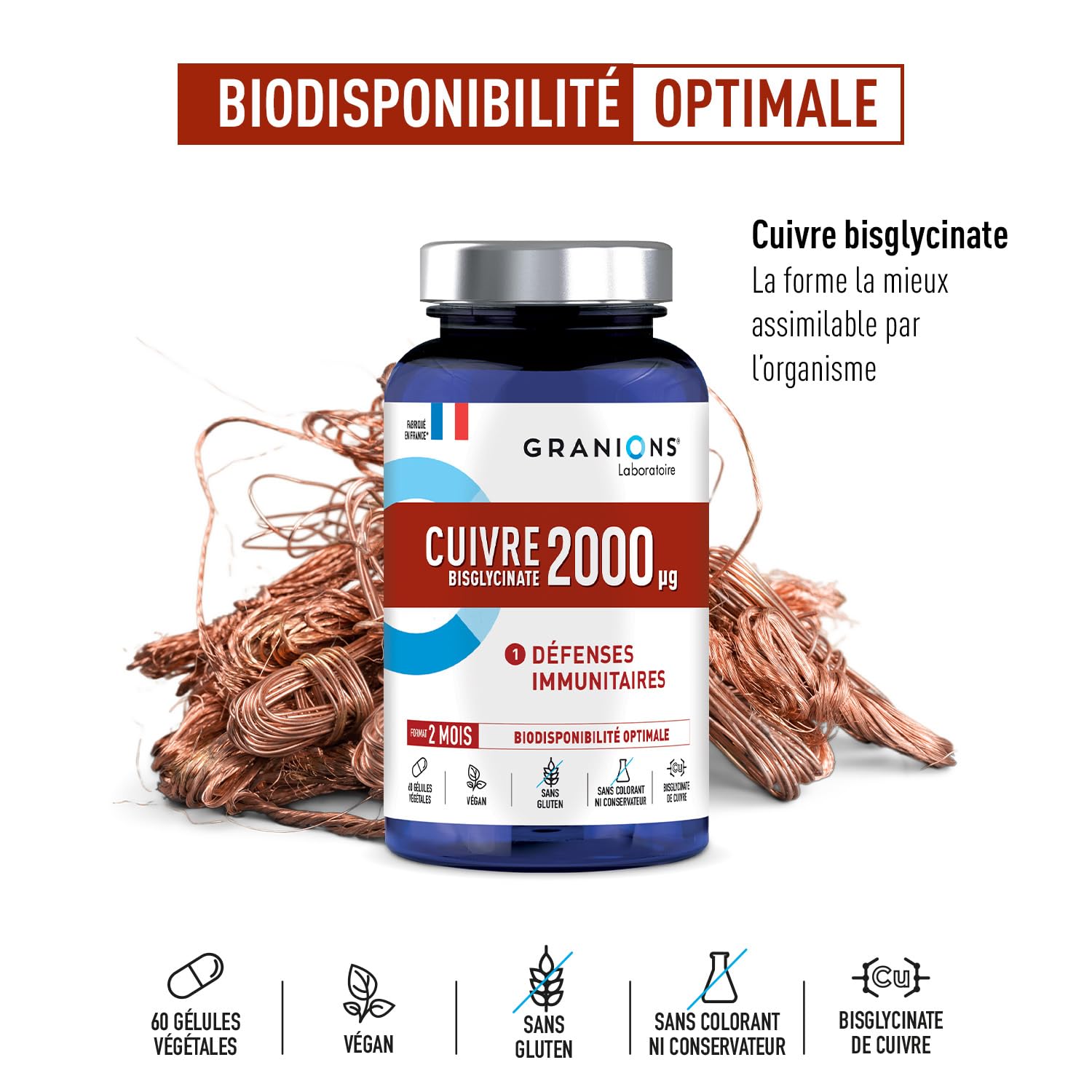 Granions Rame Bisglicinato 2 Mg - 200% Dell'Apporto Raccomandato - Biodisponibilità Ottimale - Difesa Dell'Immunità - 21.9 g