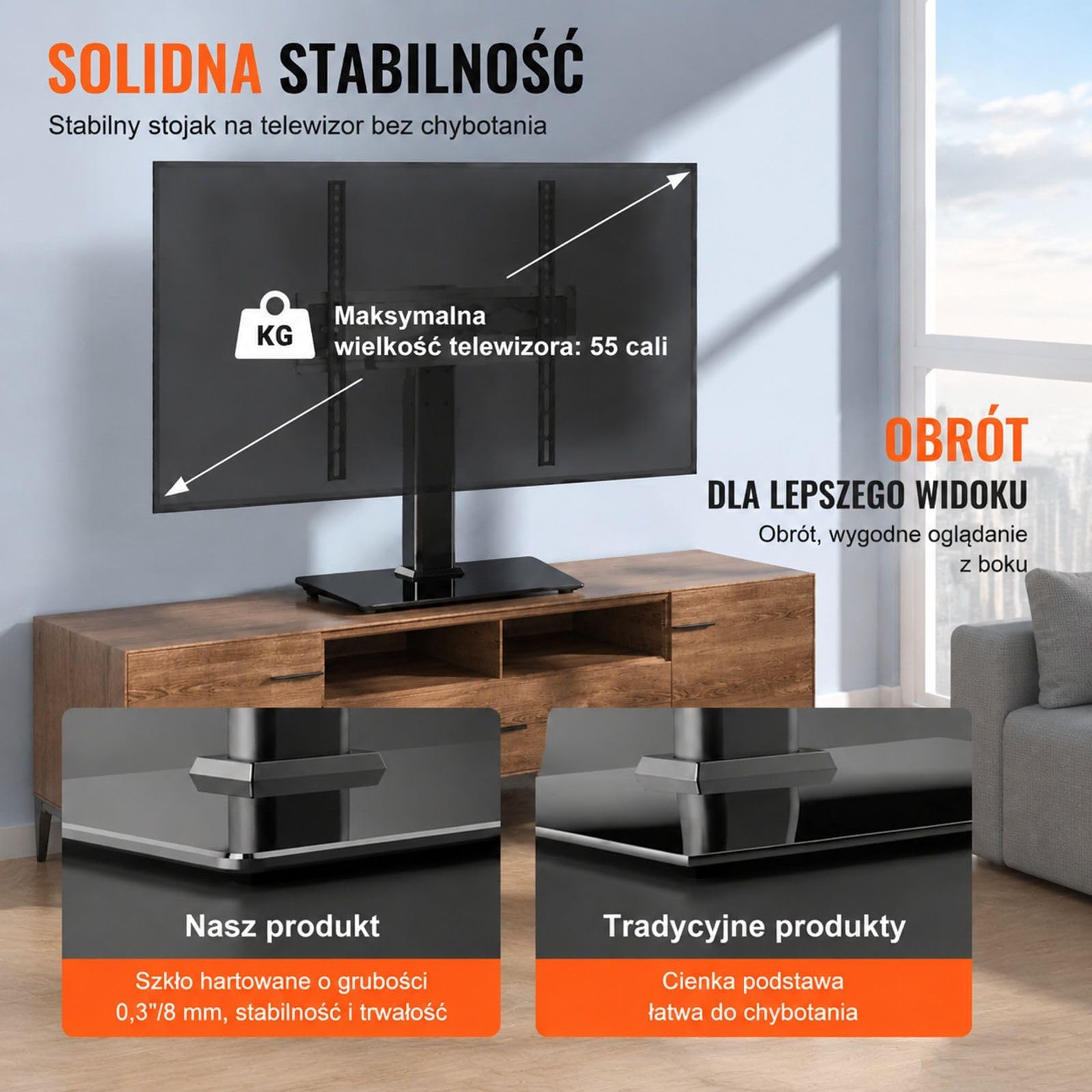 Uniwersalny stojak pod telewizor na kółkach, obrotowy i z regulacją wysokości, z systemem prowadzenia kabli