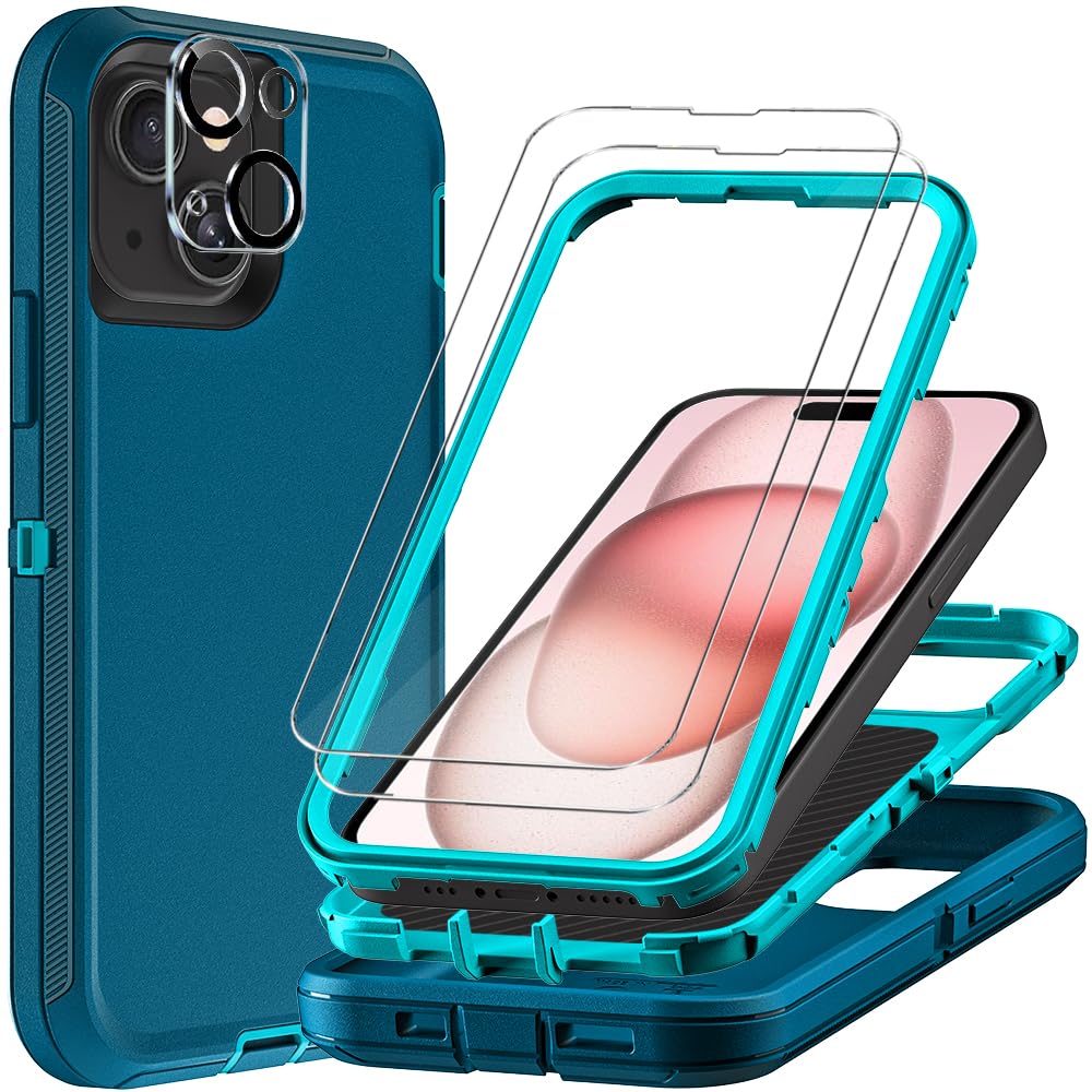 TFDSEUGH for iPhone 15 Case with 2Pcs Tempered Glass Screen Protector and 1Pcs Camera Lens Protector, Military Grade 3 in 1 Heavy Duty Shockproof/Drop