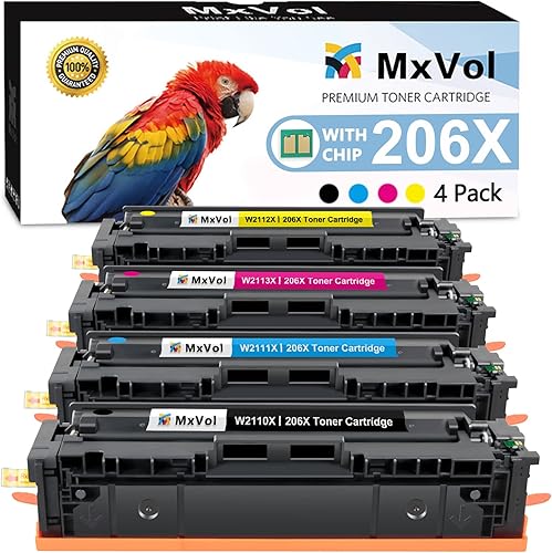 MxVol Paquete de 4 cartuchos de tóner 206X de alto rendimiento Muestra el nivel de tintaRepuesto compatible para HP 206X 206A W2110X W2110A funciona