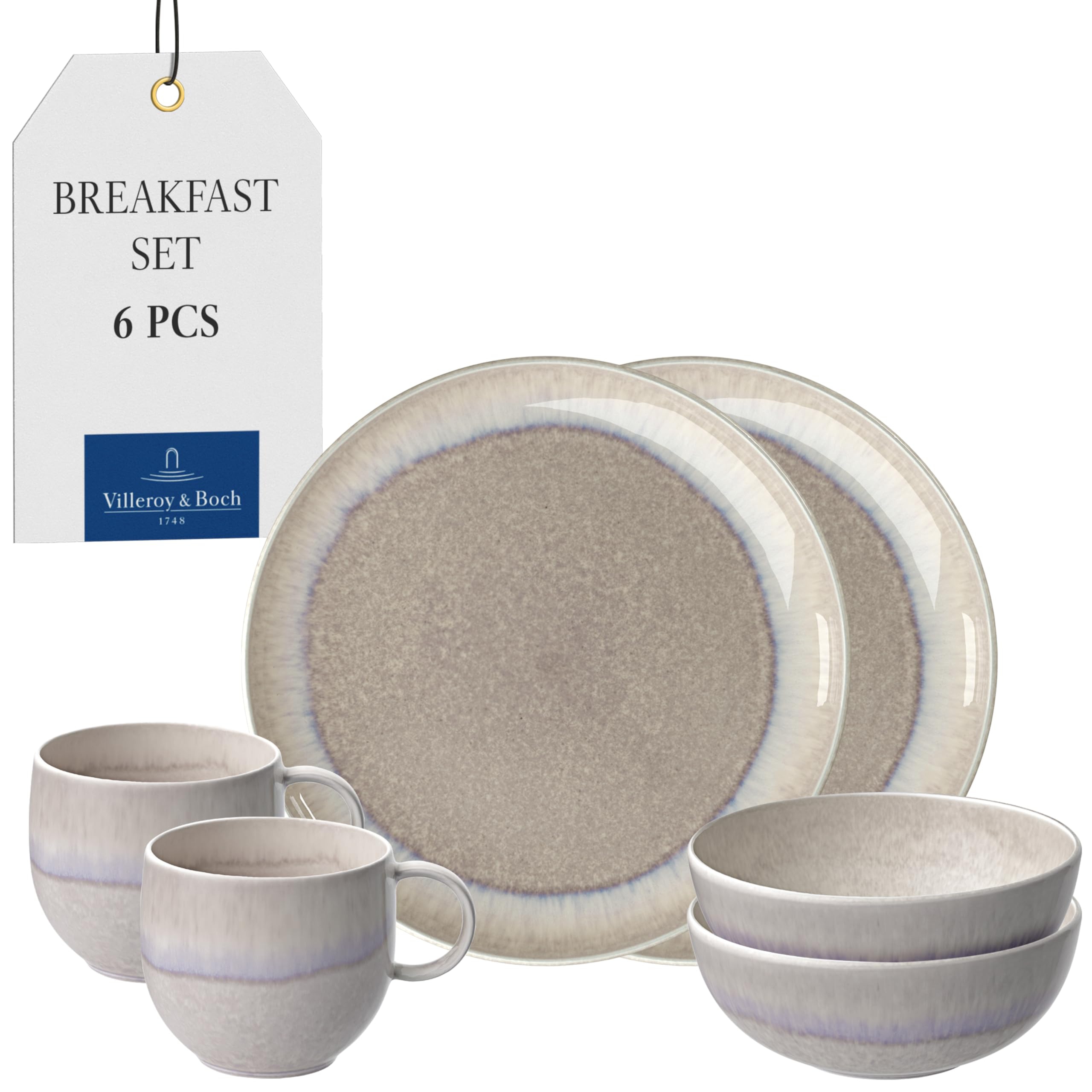 like. by Villeroy & Boch - Perlemor porcelain tableware set, 6 pces, pottery look, breakfast service for 2 people, Beige