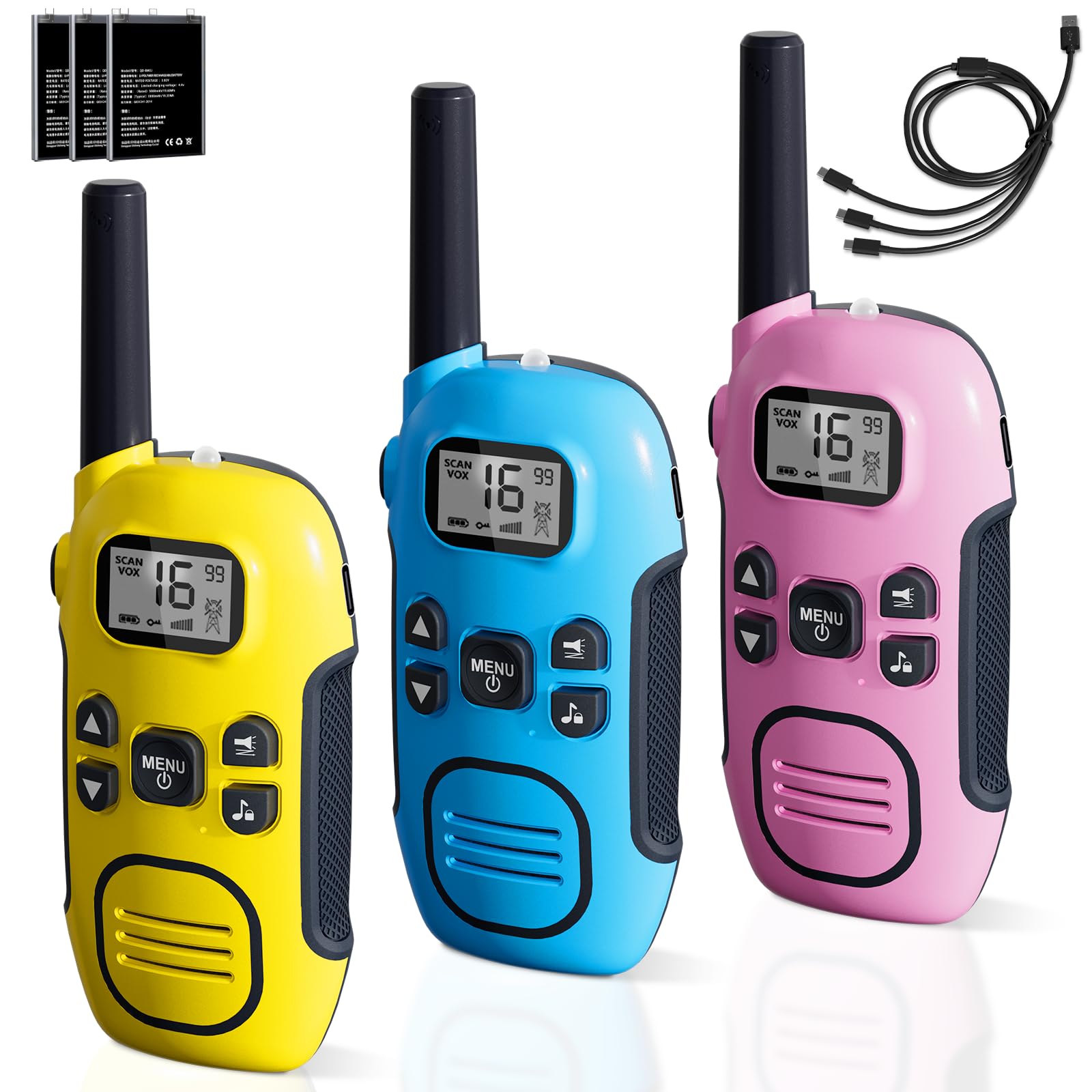 Walkie Talkies for Kids Adults,DURLK 3 Pack Rechargeable Walky Talky with Built-In Li-Ion Battery,2 Way Radio Long Range with 16 Channels,Flashlight,VOX,USB-C Cable for 3-12 Boys Girls Camping Hiking