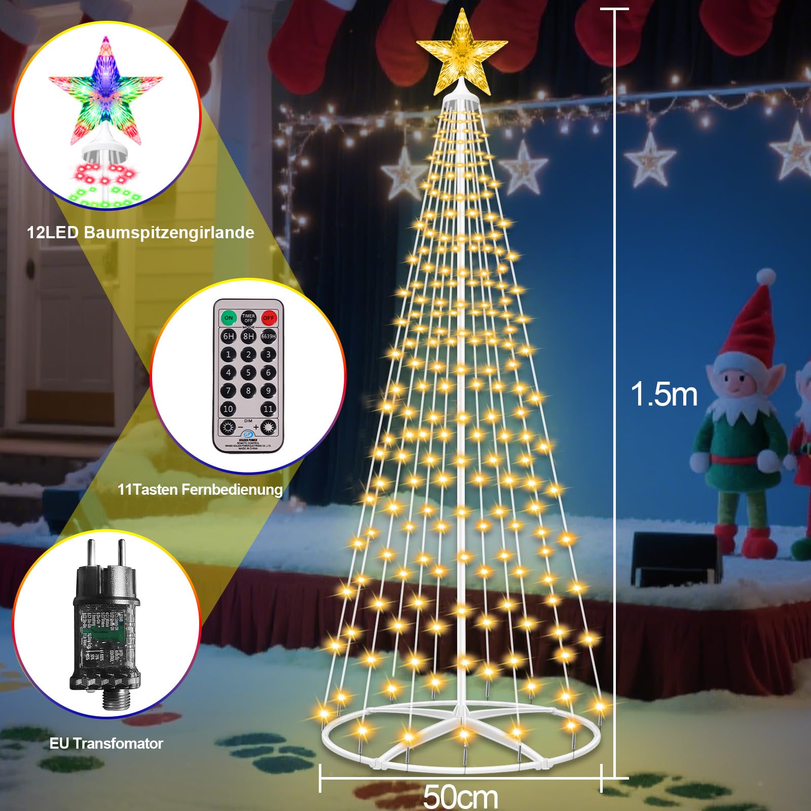 Weihnachtsbaum Metall Groß Kegelform 1.5m 204LED Mehrfarbig&Warmweiß Weihnachtsbaum Außen mit 11 Modi Fernbedienung &Timer, IP65 Wasserdichter Beleuchteter Baum Innen und Outdoor Weihnachtsdekoration
