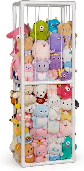 Trycooling Stuffed Animal Storage Zoo Holder Space Save Vertical PVC with Elastic Band and Net for Playroom Bedroom Nursery (White 1)