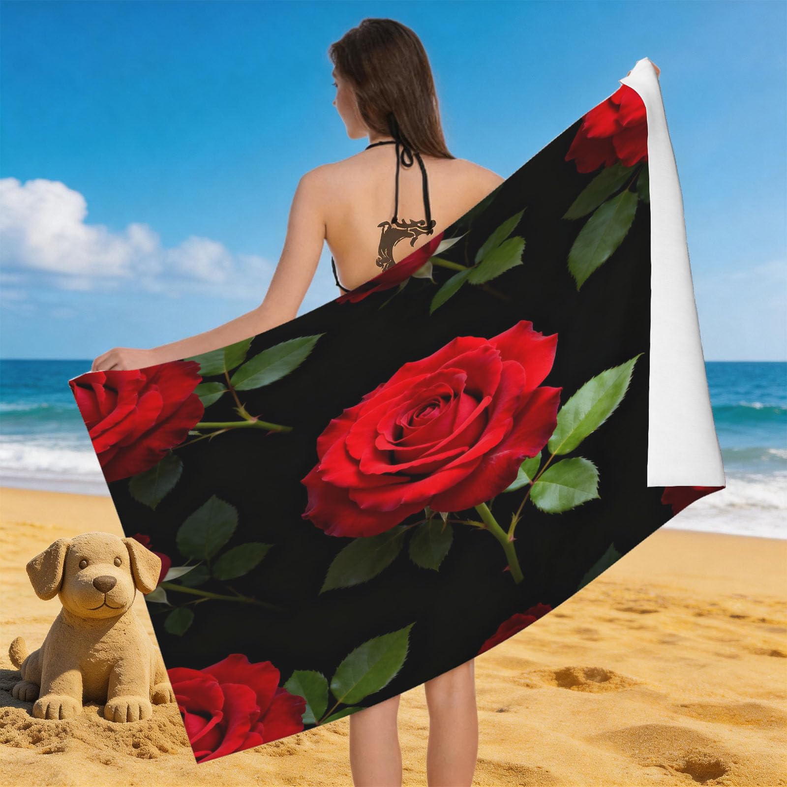 Leichong 3D Red Rose Beach Towel Microfiber Soft Quick Dry for Adults, Romantic Bath Towel Lightweight Soft Absorbent for Travel Swimming Pool Sports, 75 x 150 cm