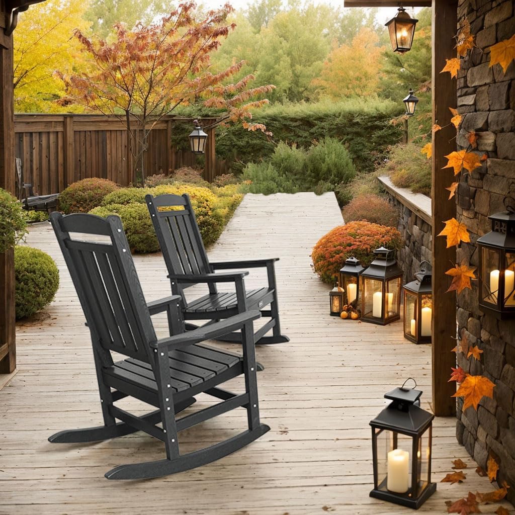 TenKa HDPE Patio Oversized Rocking Chair Set of 2, Outdoor Rocking Chair for Adults, All Weather Resistant Porch Rocker for Lawn Garden