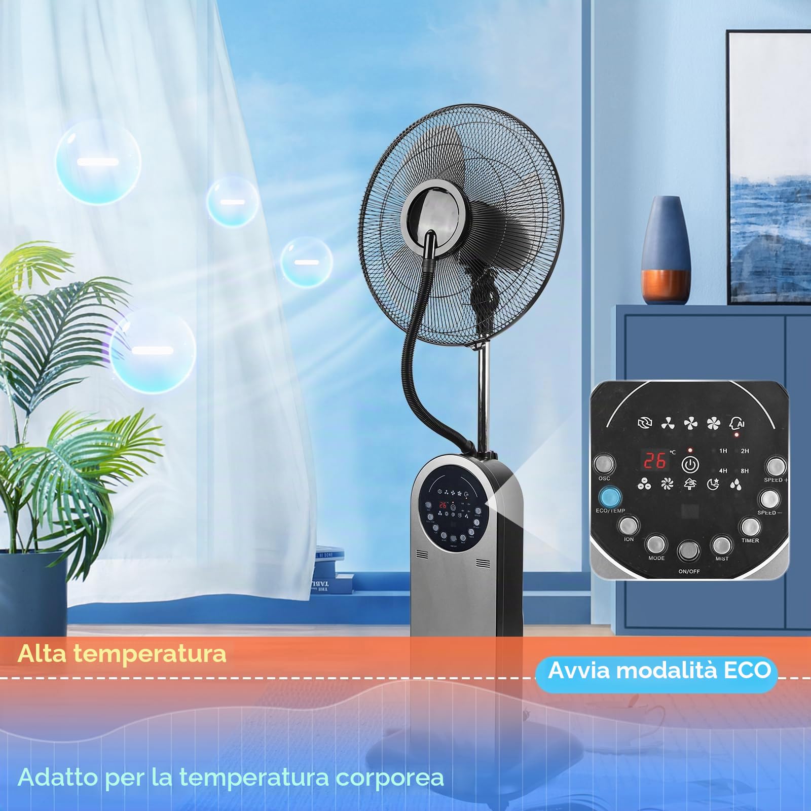 Aigostar Ventilatore nebulizzatore interno Silenzioso, 95W con telecomando, Timer programmabile fino a 8 ore, funzione ionica, display LED - Forest Mist