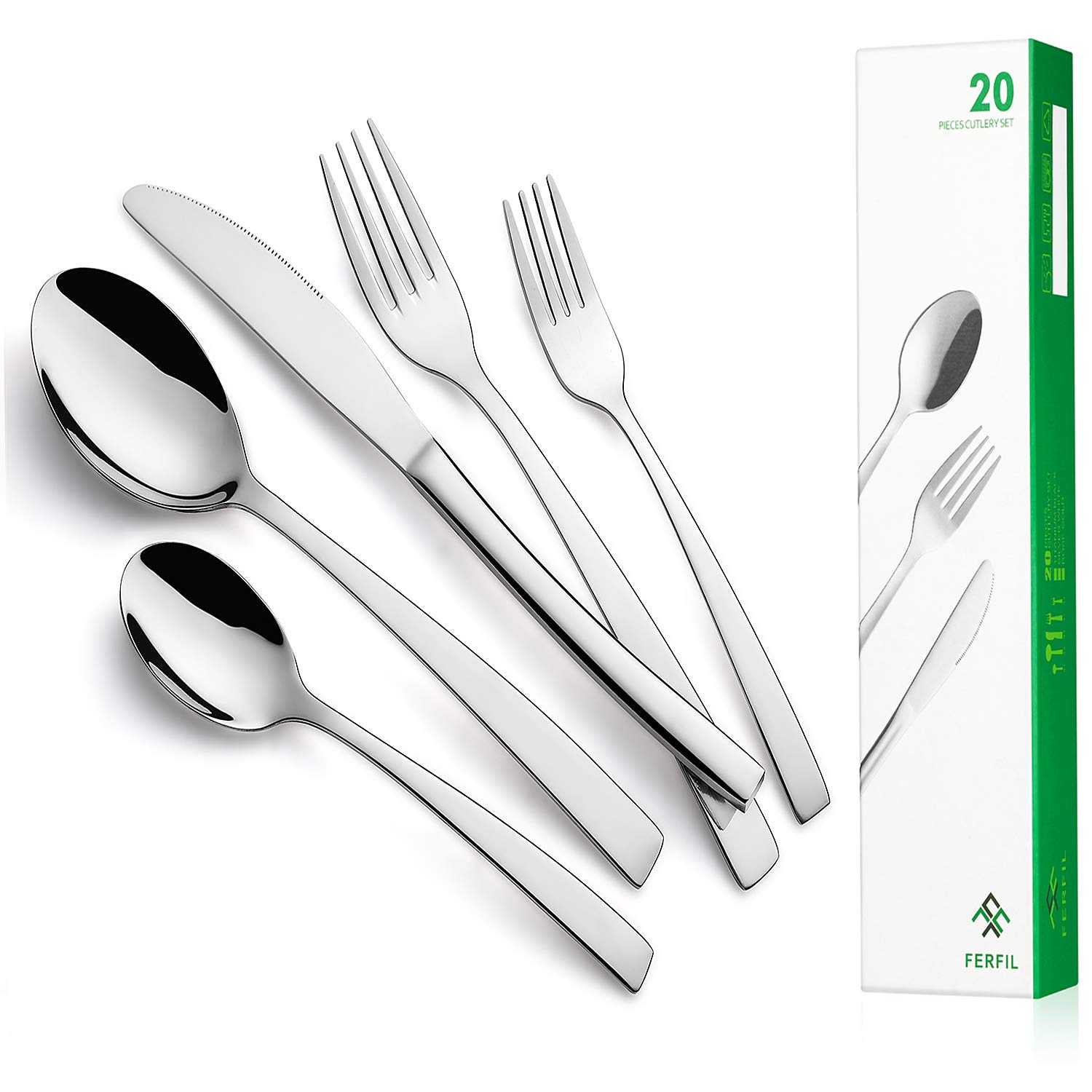 Flatware Set, 20-Piece Stainless Steel Silverware /Cutlery /Tableware Set Service for 4, Include Knife/Fork/Spoon, Mirror Polished, Dishwasher Safe
